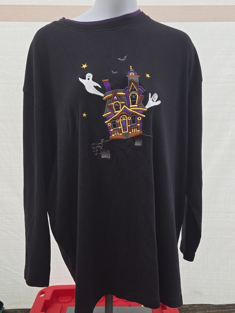 Karen Scott Black Halloween Haunted House Pullover with Ghost Embroidery